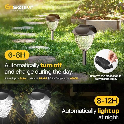 12-Pack 6500K Ensenior Solar Lights Outdoor, Auto ON/Off LED Solar Garden Lights for Pathway, Yard, Patio, Walkway
