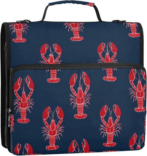 Fisyme 3 Sea Red Lobsters Zipper Binder Ring with Zipper and Shoulder Strap Large Capacity Multi-Pocket Binder