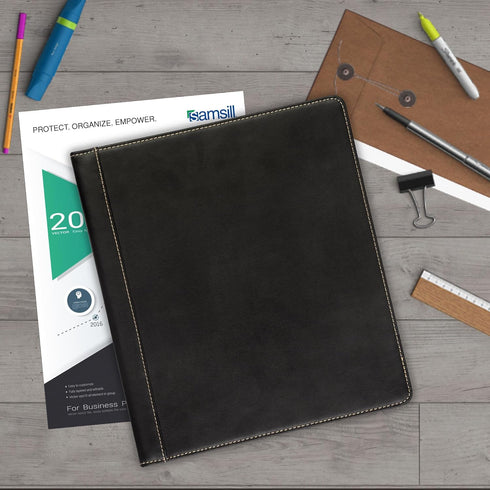 Samsill 0.5 Inch 3 Ring Binder, Leather, Black with Contrast Stitching, 8.5 x 11 Inch, Notebook Binder, Portfolio