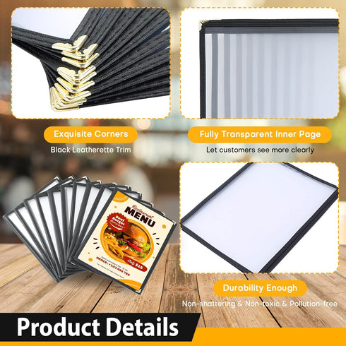 FLK Tech 10 Pack 3 6 8.5 11 Inch FLKQC Page Menu Covers, View x Clear PVC Menu Holder, Double Stitched Restaurant Menu
