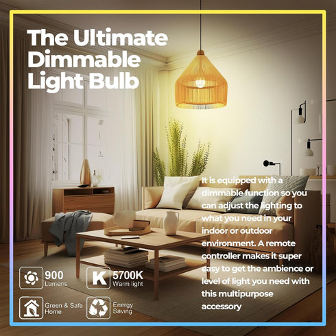 Dimmable E26 Warm LED Light Bulb, 6W RGBW Color 500LM, 16 Color Changing Modes, Remote Control, 2 Pack