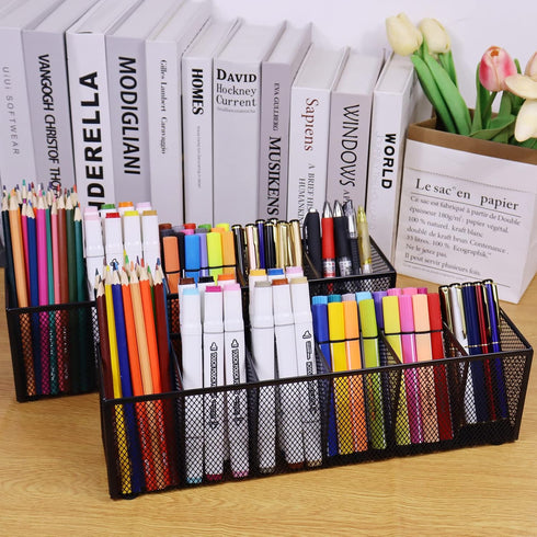 Black Mesh Pen Pencil Holder, Small Metal Desk Organizer with 6 Compartments for Office Supplies, Home, School,