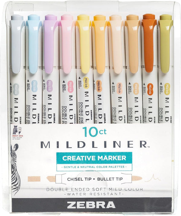 Zebra Pen Mildliner Double-Ended Highlighter Set, 10-Pack, Assorted Neutral and Gentle Ink Colors, No Bleed