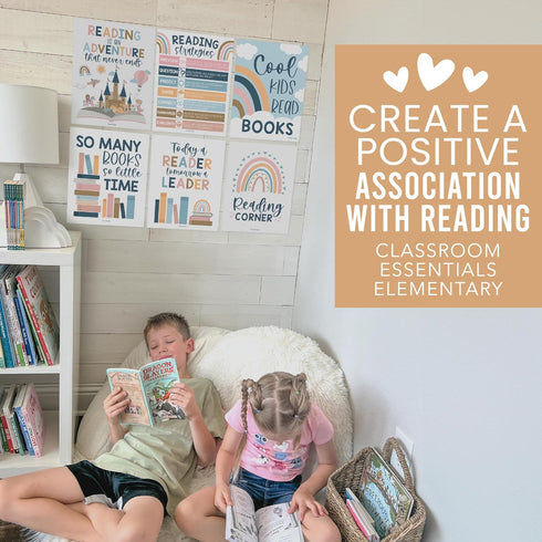 Hadley Designs 6 Reading Strategies Motivational Posters for Classroom, Boho Wall Decor, Read Corner Library Sign
