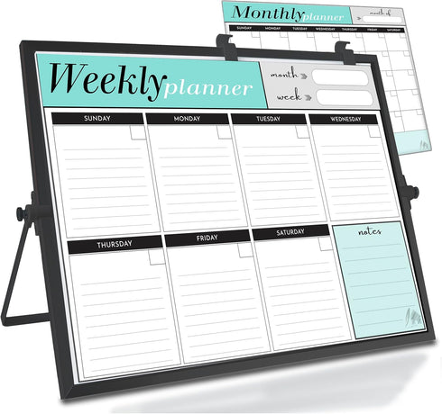 Weekly Dry Erase Board - Black Frame Desktop Calendar White Board with Weekly & Monthly Planners, 12x16 inch
