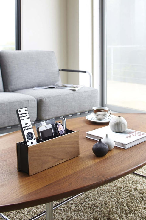 Yamazaki Home Caddy Desk Organizer, TV Remote Control and Pen Holder, Small Steel + Wood, Walnut