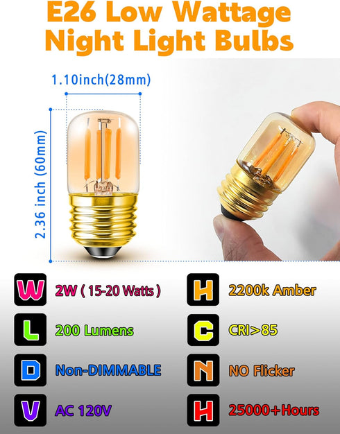 E26 Bulbs, 2200k Bulb 15W E26 2w 200lm T28 Bulb Bulbs 2 Pack Low Wattage Night Light Amber Warm Sleep Light Equivalent