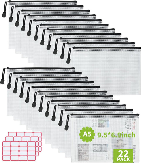 Vuzvuv A5-22 PCS Mesh Zipper Pouch Set, 9.49"x 7.09", Document File Folders with Label Sticker for Storage