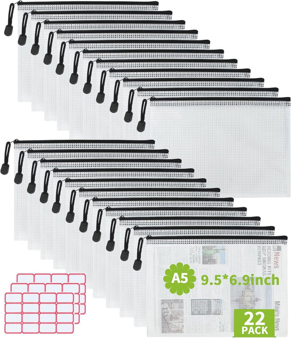 Vuzvuv A5-22 PCS Mesh Zipper Pouch Set, 9.49"x 7.09", Document File Folders with Label Sticker for Storage