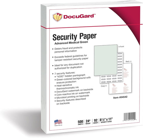 DocuGard Advanced Medical Security Paper, 500 Sheets, Green, 8.5 x 11, CMS Approved, Laser and Inkjet Safe