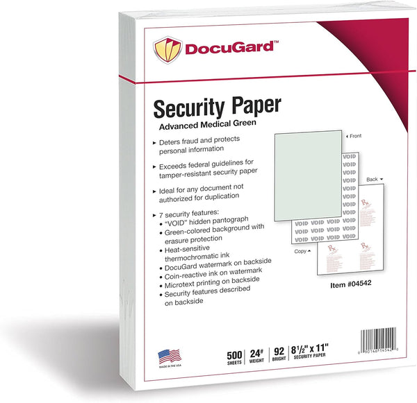 DocuGard Advanced Medical Security Paper, 500 Sheets, Green, 8.5 x 11, CMS Approved, Laser and Inkjet Safe