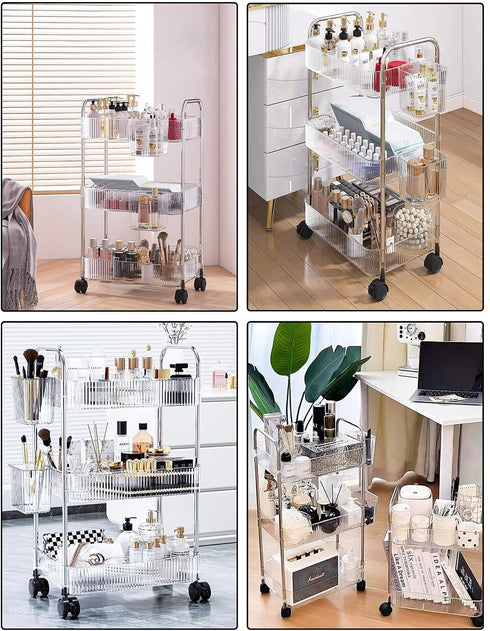 Dalekana 3-Tier 8.2W 13L 25.8" Plastic Rolling Utility Clear Cart with Wheels, Multifunctional Storage Organizer Cart