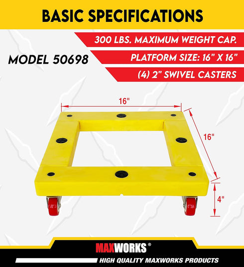 50698 300LBS 16"x16" Maxworks Square Furniture Dolly Moving Cart Appliance Roller, Yellow, Capacity