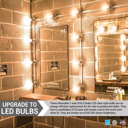 G16.5 Bulb Dimmable 7W (60W 500 E12 2700K Pack 3 Diodesy- LED Light Type G Clear Globe Shape Equivalent) Lumens