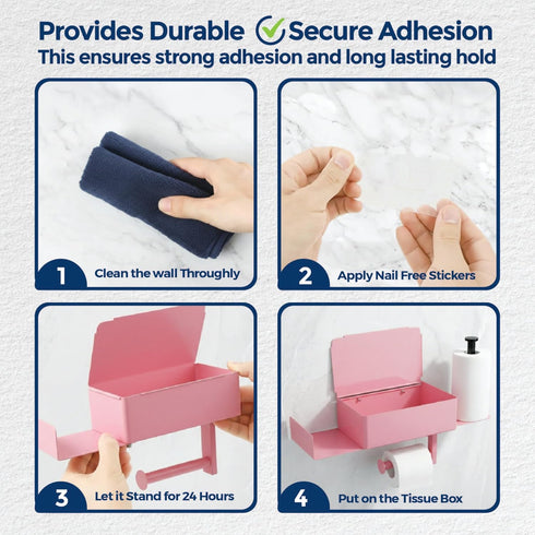 Zzaki Pink Toilet Paper Holder with Shelf & Storage Wall Mount Adhesive or Screw Installation Wipes Dispenser and Phone