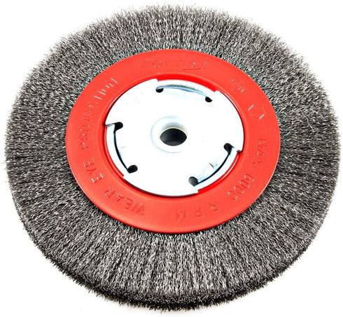 Forney 72751 Wire Bench Wheel Brush, Narrow Face Fine Crimped, 6-Inch with 1/2-Inch and 5/8-Inch Arbor