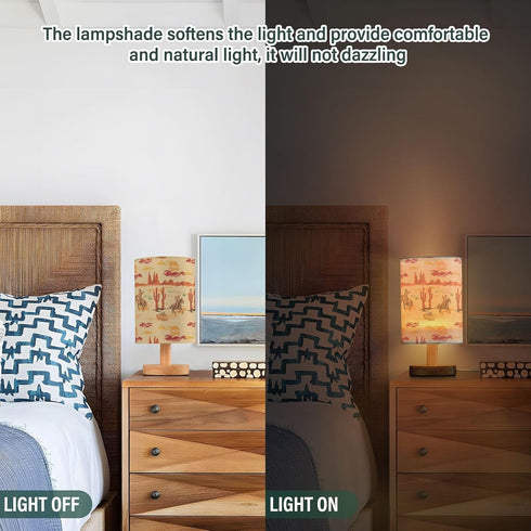 Bedside Lamp West Cowboy Horse Cactus Table Lamp for Bedroom LED Nightstand Lamp Shade USB Ports Wood Base for Living