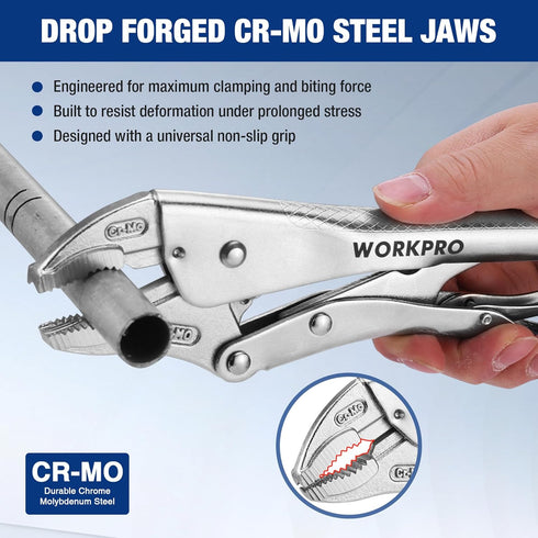5-Piece Set, 5"/7"/10" 6.5"/9.5" WORKPRO Locking Pliers Curved Jaw & Long Nose, CR-MO Steel Construction
