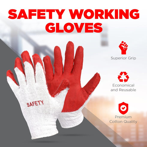SAFETY Non-Slip 10 Pairs Red Latex Cotton Work Gloves, Nitrile Dipped & Rubber Palm Coated