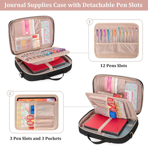 Teamoy Journal Supplies Storage Case, Holder with Detachable Pen Slots for B5 Notebooks, Planner, Black Quilted