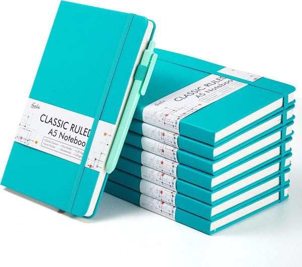 Feela 8 Pack Notebooks Journals, Hardcover Classic Ruled Journals with Pen Holder, 5.1”x8.3”, A5, Emerald
