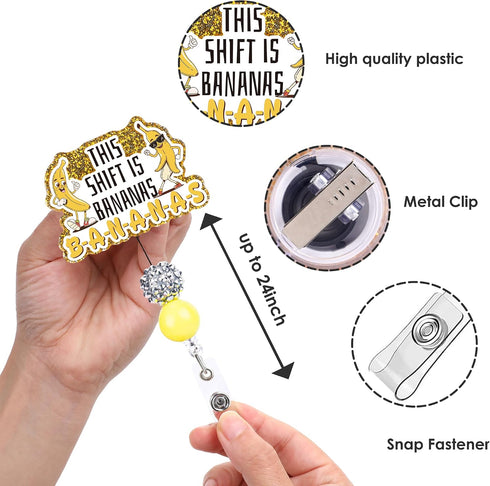 This Shift is Bananas Funny Name Badge Reel for Hospital Nurses, Acrylic Glitter Retractable ID Card Badge Holder