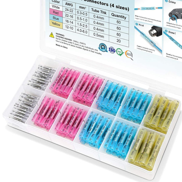 TICONN 200 PCS Heat Shrink Butt Connectors Kit, AWG 24 – 10, Insulated Waterproof Electrical Marine Automotive Terminals