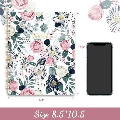 Spiral Notebook, 8.5" x 11", Journal with Thick Paper & Back Pocket, 144 Pages, Twin-Wire Binding, Floral
