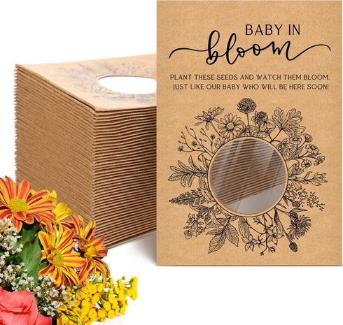 Fumete Baby Shower Party Favor Baby in Bloom Packet Kraft Bags with Window Envelopes, Resealable Organizer Storage Bag