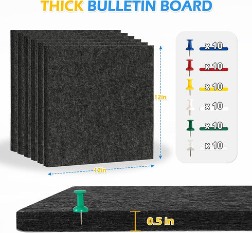 DOLLAR BOSS Felt Cork Board Tiles - 6 Packs 12" x 12" Self Adhesive Bulletin Board with 60 Pushpins