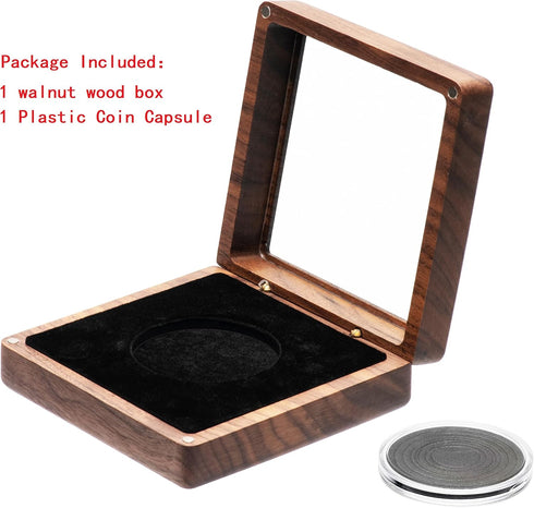 Single Walnut Wood Challenge Coin Presentation Display Box Storage Case with Clear Top and Plastic Coin Capsules