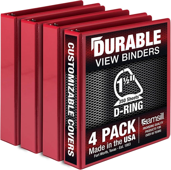 Samsill Durable 1.5 Inch Binder, Customizable Clear View, Red, 4 Pack, Made in the USA, Holds 350 Pages
