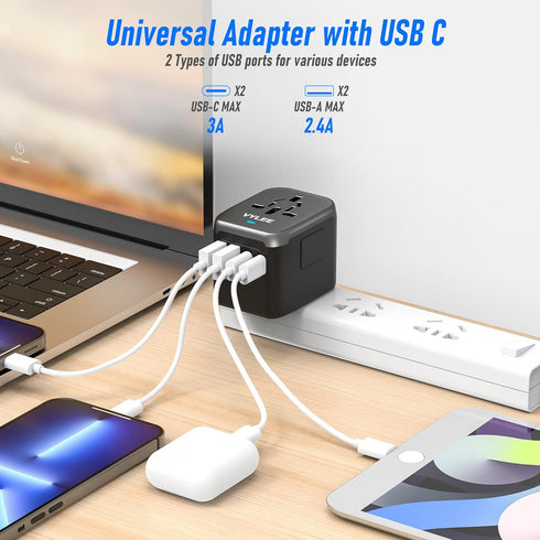 Universal International Power Travel Plug Adapter, 5 in 1 European Travel Plug Adapter W/ 3.5A 2xUSB-A and 2xUSB C Wall Charger and Worldwide AC Outlet for Europe USA UK AUS Asia (Black Grey)