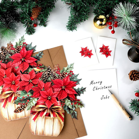 Afniimyapt 10 Sets Poinsettia 3D Poinsettias 3D Poinsettia Christmas Basket Pop Up Cards Paper Basket Popup Greeting