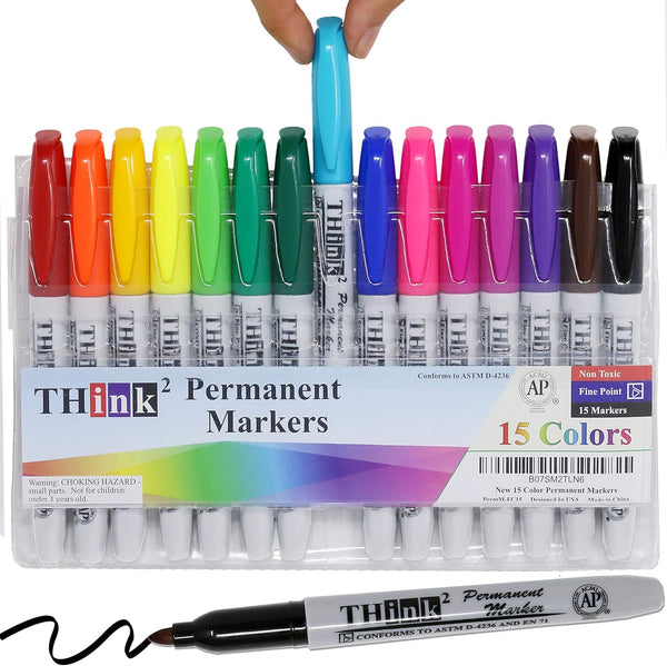 Think2 Bullet Tip Permanent Markers - 15 Colors, Waterproof, Nontoxic, Low Odor, Great for Kids & Everyone