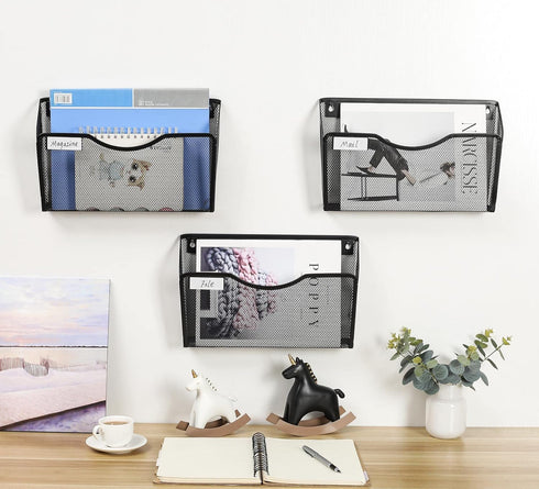 EasyPAG 6 Pockets Mesh Wall File Holder, Hanging File Folder Organizer for Home and Office, Black