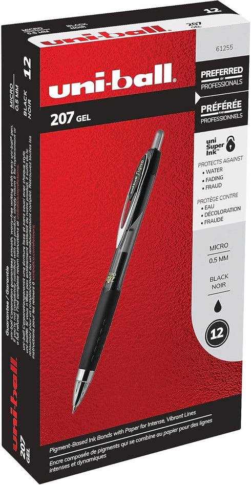 Uni-Ball Signo 207 Gel Pen, 12 Pack, 0.5mm, Black Writing Instrument