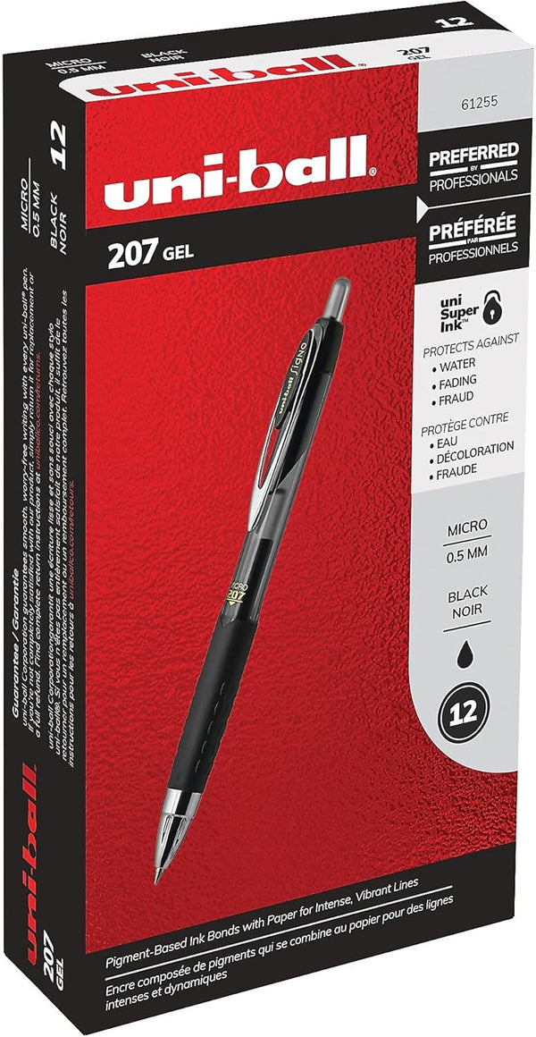 Uni-Ball Signo 207 Gel Pen, 12 Pack, 0.5mm, Black Writing Instrument