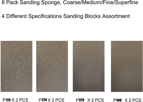 8 PCS Sanding Sponge Assortment, 2 PCS Each of 120, 220, 320, 400 Grit - Coarse Medium Fine Sanding Block