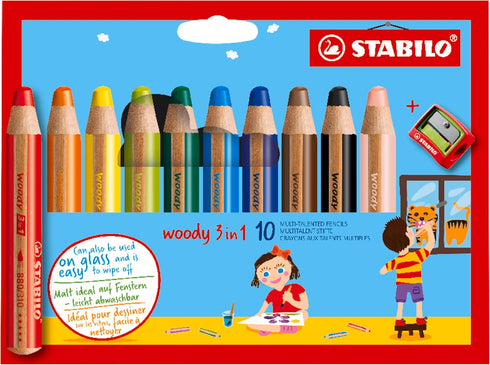 Multi-Talented Pencil woody 3 in 1 STABILO - Pack of 10 - Assorted Colors with Sharpener