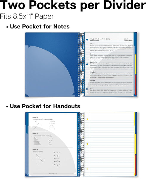 Dunwell 3-Subject Notebook - College Ruled 8.5 x 11 (Blue), 150 Sheets (300 Pages), Spiral Notebook with Tabs and