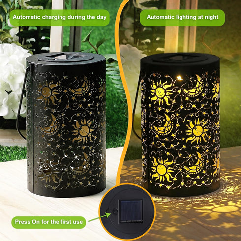 Outdoor Solar Lanterns Garden Tangled Decor Hanging Waterproof Metal Solar Lights with Ramadan Sun Star Moon Decorative