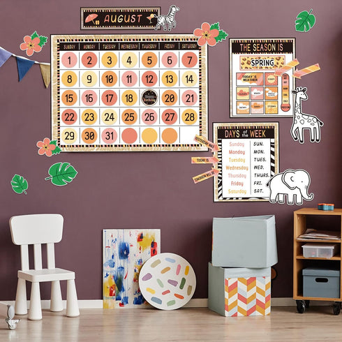 Safari Jungle Animal Calendar Bulletin Board Set - CTP Bulletin Board Calendar, Seasons, Weather Chart for Classroom