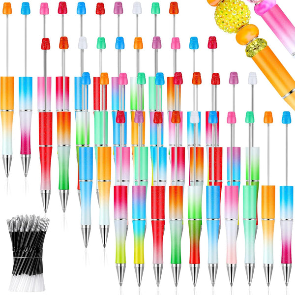 Crtiin 50 Pieces Plastic Beadable Pen Bulk - Black Ink Beaded Pens with 50 Refills for DIY Making Gift