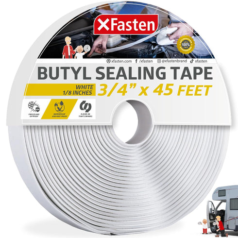 XFasten Butyl Seal Tape White, 1.5” Core 1/8" x 3/4'' x 45 Foot, Waterproof Butyl Sealing Tape