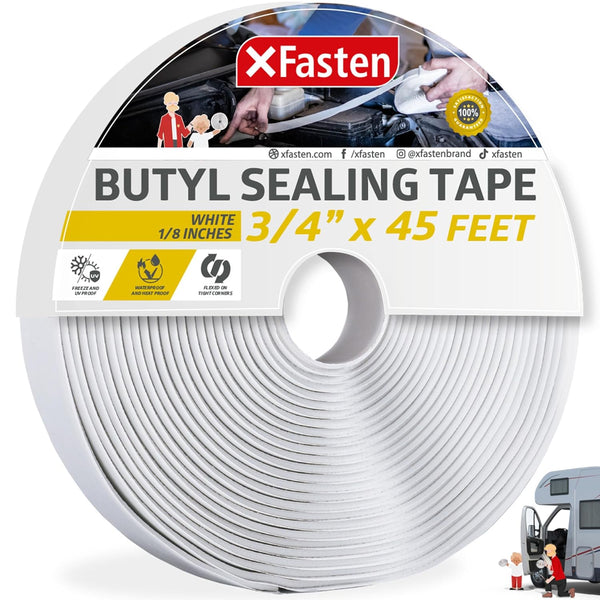 XFasten Butyl Seal Tape White, 1.5” Core 1/8" x 3/4'' x 45 Foot, Waterproof Butyl Sealing Tape