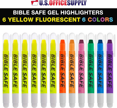 U.S. Office Supply Bible Safe Gel Highlighters, Pack of 12 - Set with 6 Bright Neon Yellow Highlight Colors Plus 6 Colors, Orange, Pink, Purple, Green, Blue - Won't Bleed, Fade or Smear - Study Guide by US Office Supply