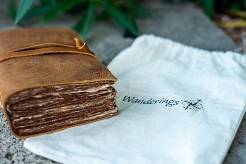 WANDERINGS Small Vintage Leather Journal - 4"x6", Antique Handmade Leather Bound Journal with Deckle Edge Paper