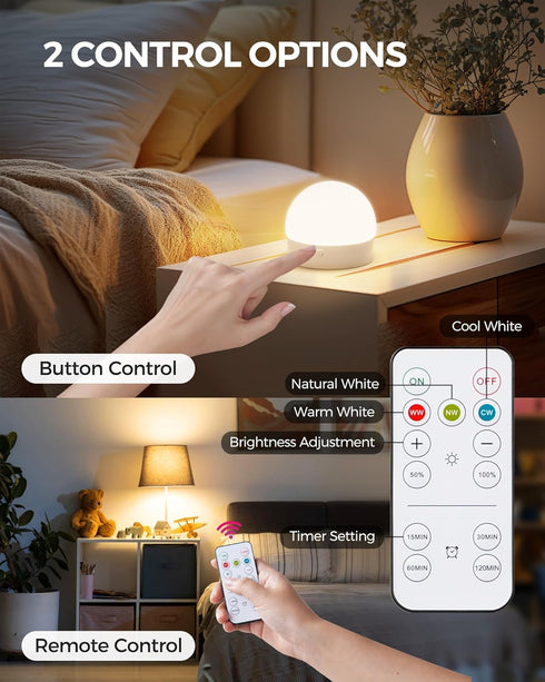 Rechargeable Light Bulbs with Remote Control, 2 Pack, Battery Operated, Timer, Dimmable Wireless Puck LED Bulb