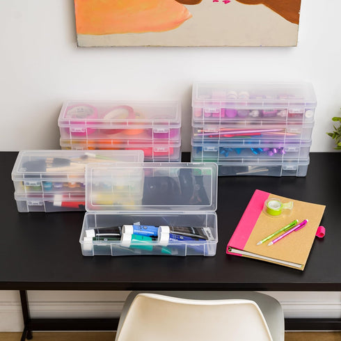 IRIS USA Plastic Pencil Case Box, Craft Hobby Art School Supply Storage Organizer Container, 10-Pack, Clear
